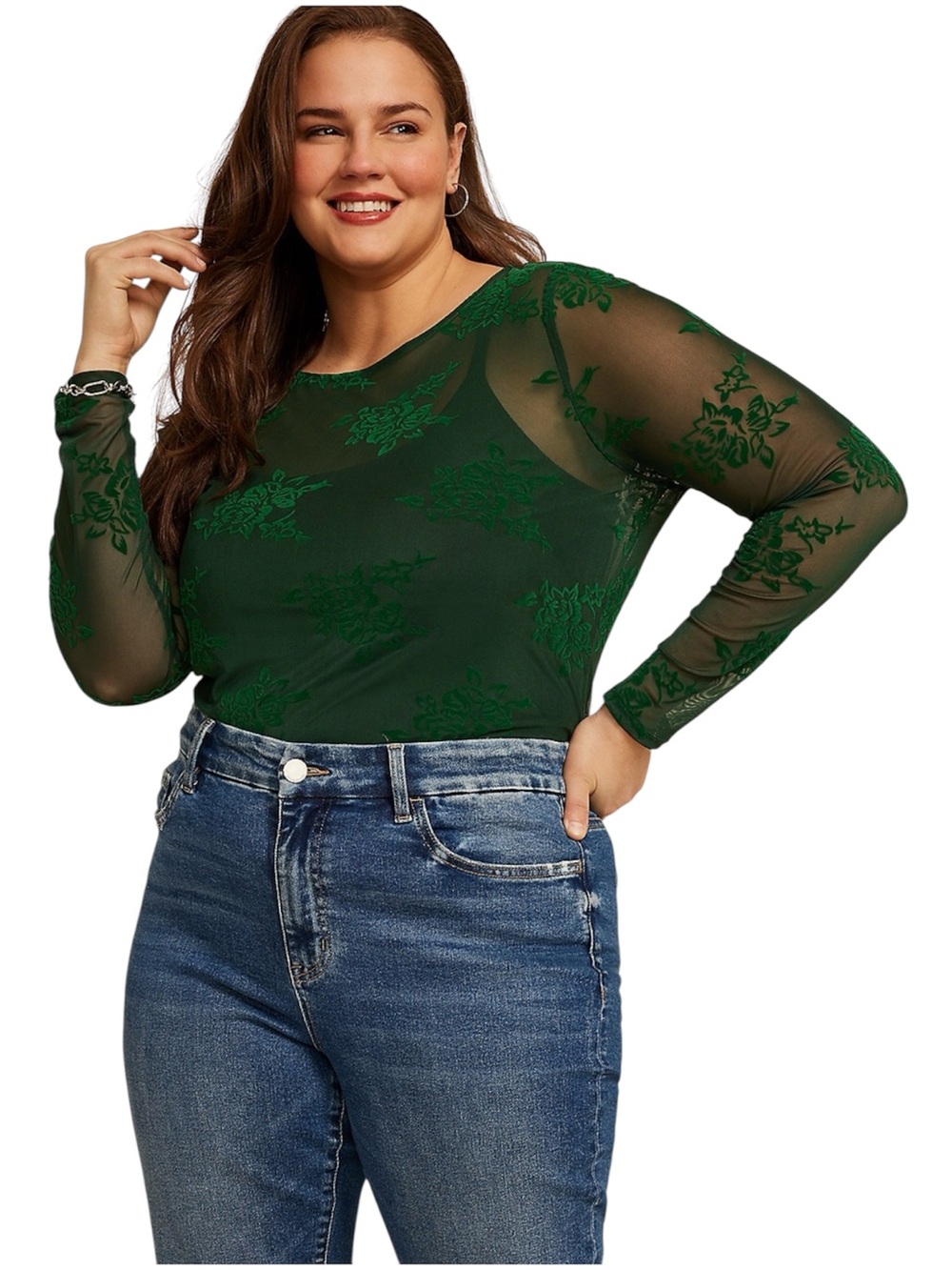 Studio Y by Maurices Emerald Green Velvet Flocked Floral Mesh Top NWT Size 0X